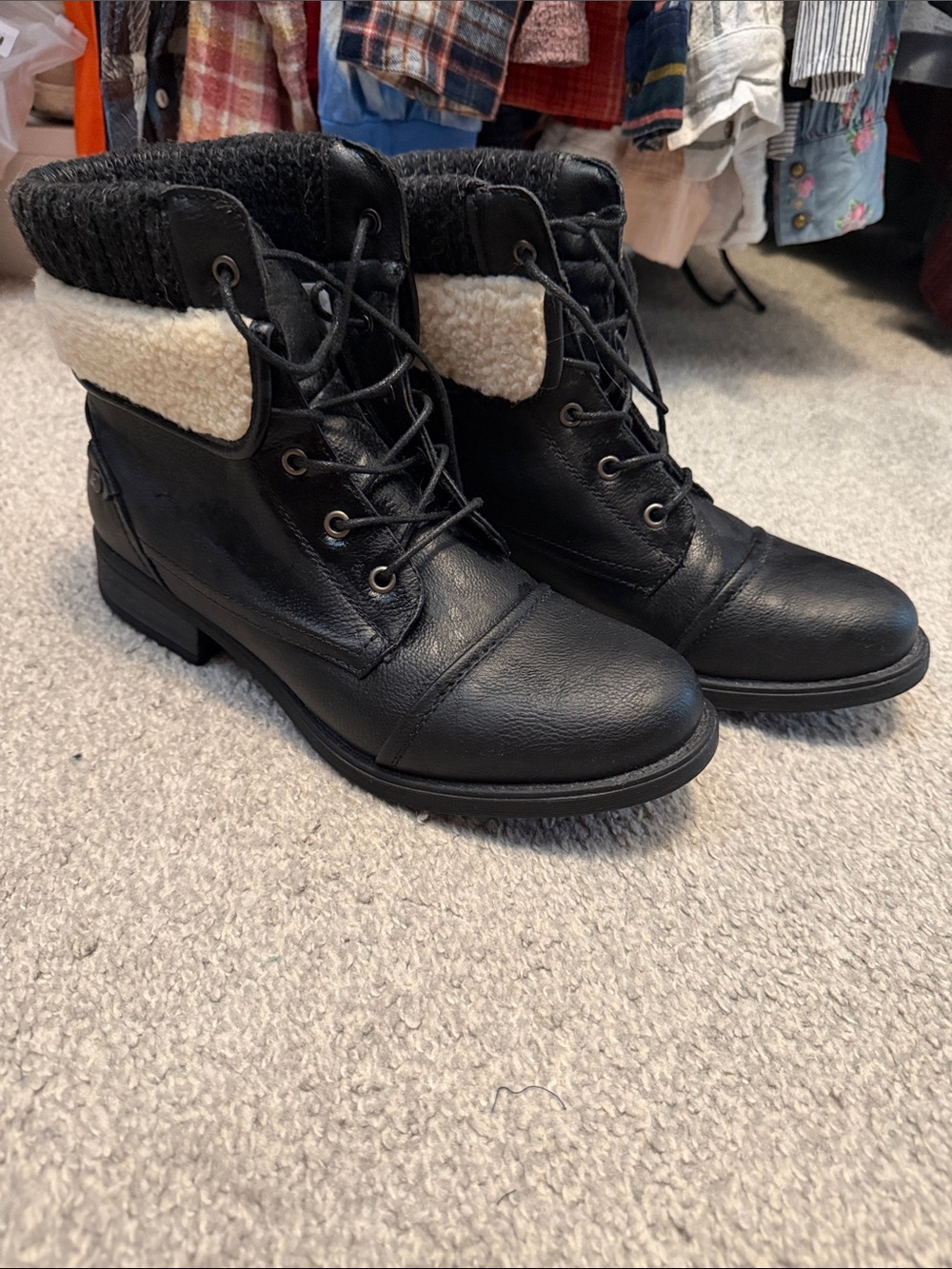 Global Win Black Lace-Up Faux Leather Boots with Cream Sherpa Cuff